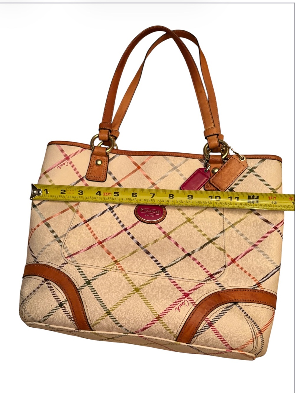Coach Peyton Tattersall Leather Beige Plaid Pattered Logo Tote F21863 - Picture 11 of 14